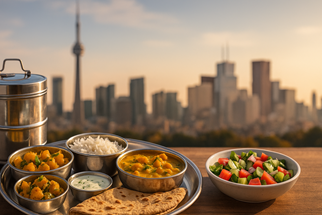 Vegetarian tiffin service in Toronto with roti, rice, dal, and vegetables